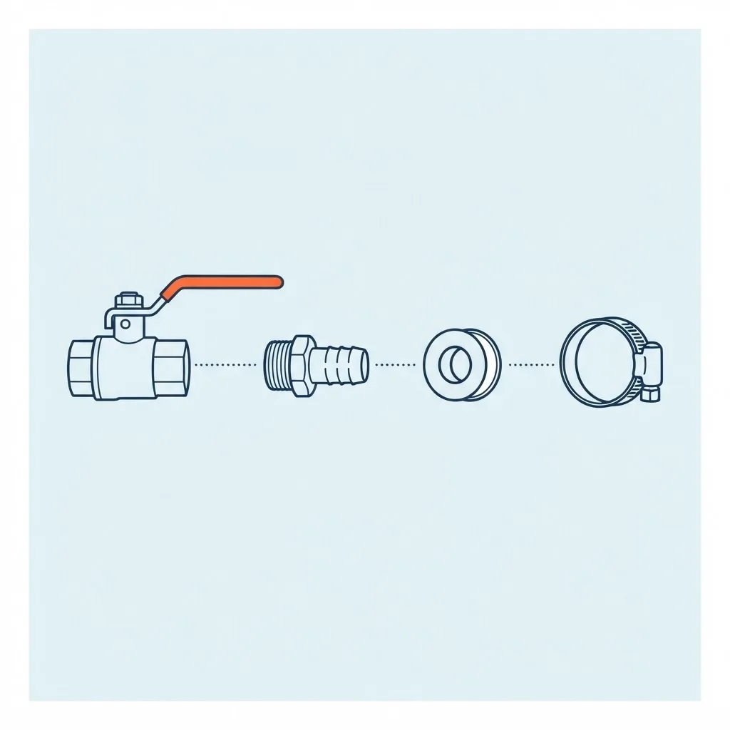 Exploded diagram of the connection kit parts: valve, adapter, tape, hose clamp