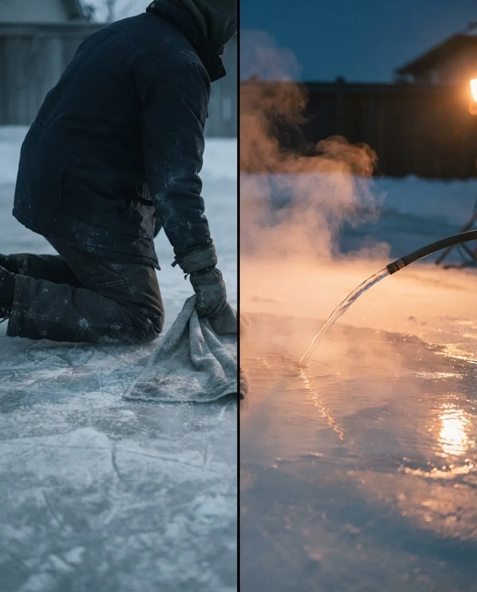 Split comparison: dragging a towel across rough ice at night versus hot water flowing into glass-smooth ice